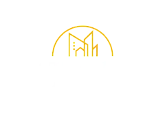 Elegant logo for East Townhomes and Apartments, featuring a modern skyline design in gold above the company name.
