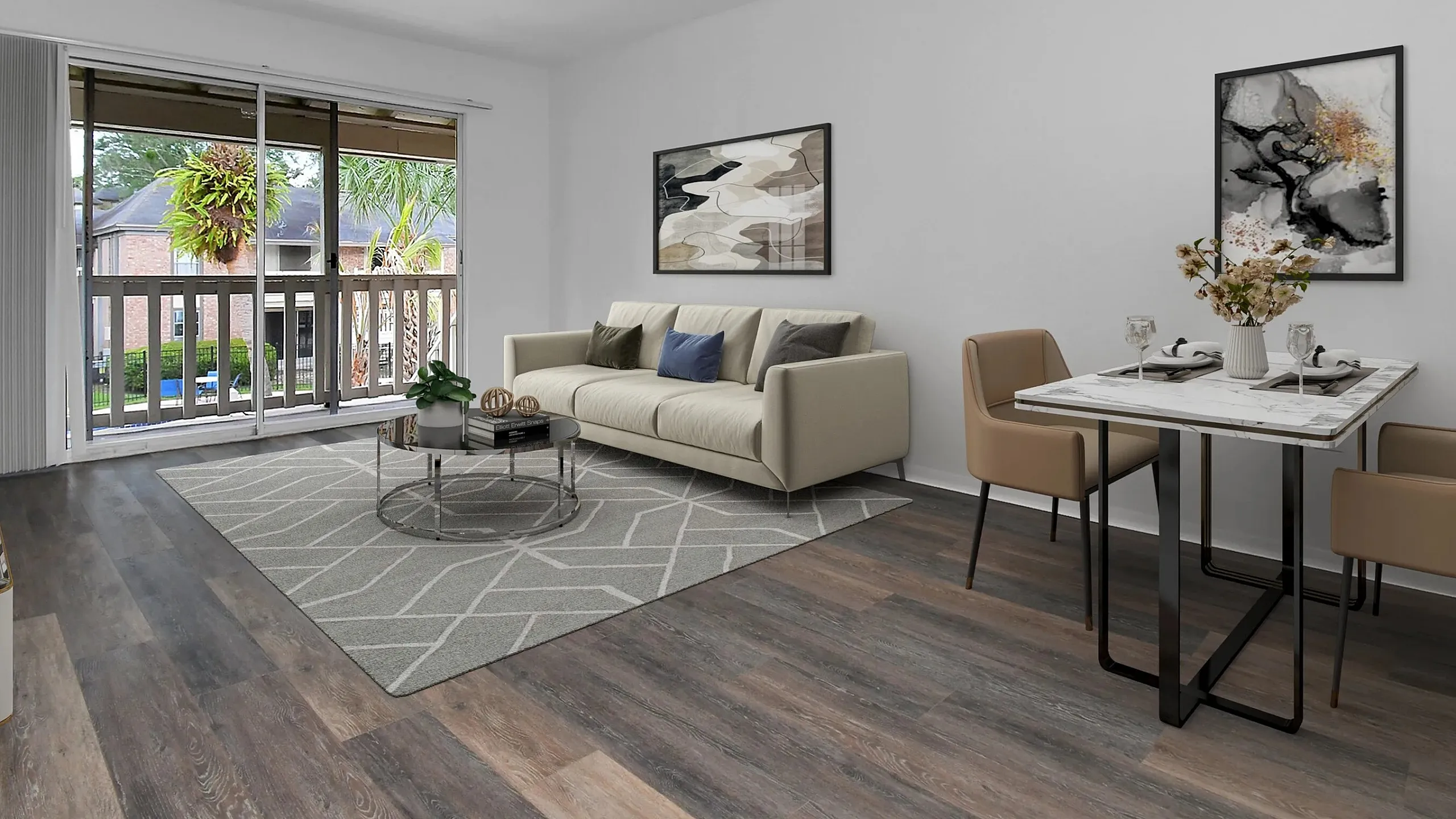 Bright and inviting living room with elegant decor, featuring a cozy sofa, stylish dining area, and expansive glass doors opening to a serene balcony view.