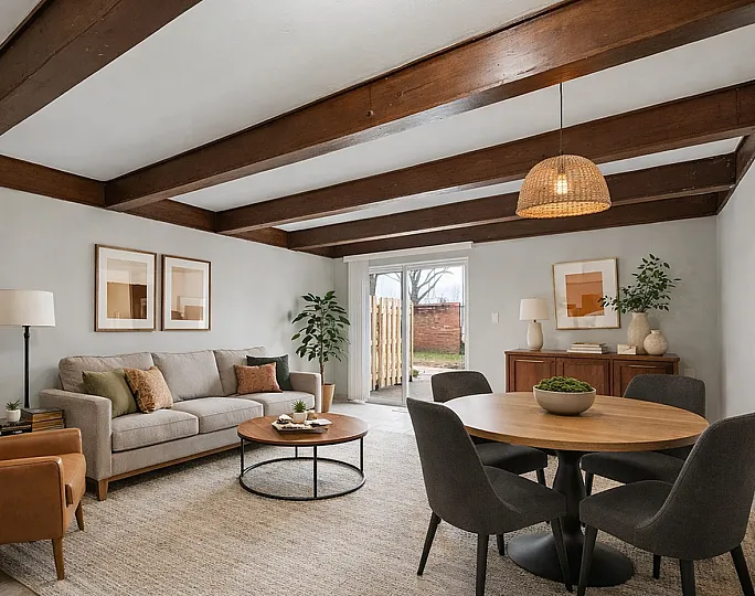 Inviting open-plan living area featuring exposed wooden beams, cozy seating, and a stylish dining set, with abundant natural light.