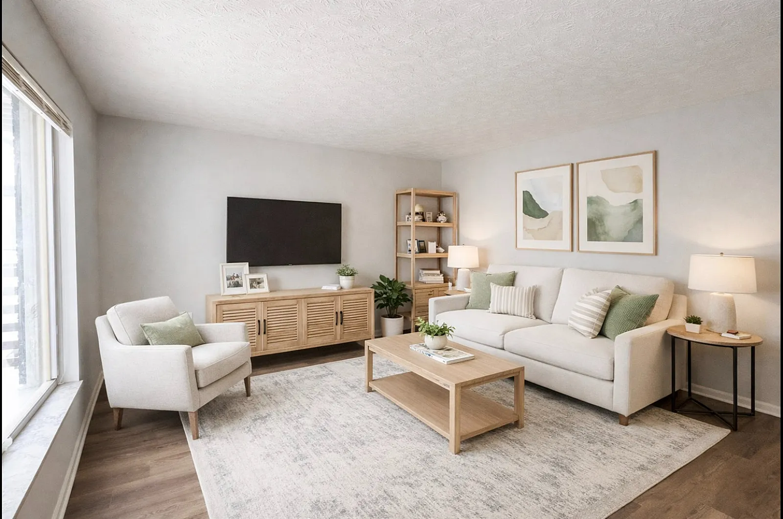 Bright and airy living room with modern decor, featuring a comfortable sofa, accent chair, and stylish wooden furniture. Large window offers ample natural light, creating a welcoming atmosphere.