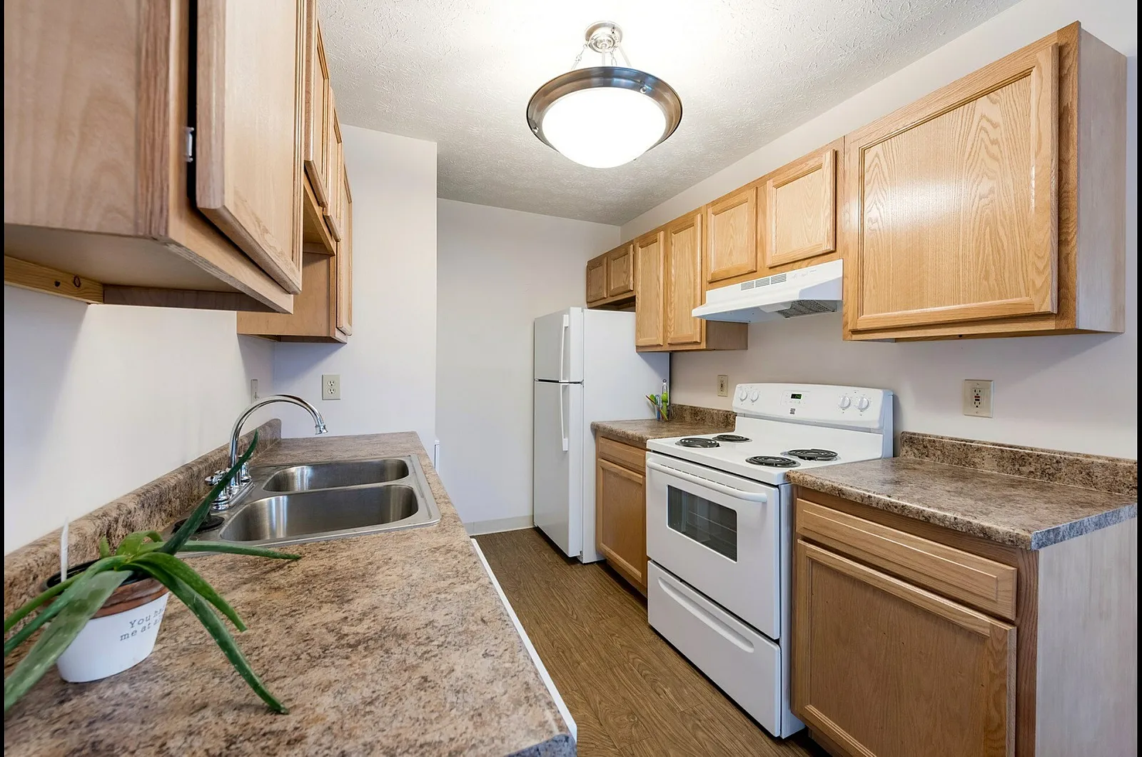Inviting modern kitchen with sleek countertops, wooden cabinetry, and stainless steel fixtures.