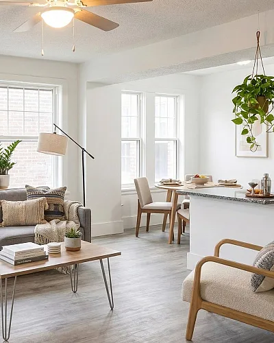 Bright and inviting living space with stylish decor, modern gray sofa, lush green plants, and versatile dining area flowing from the living room.