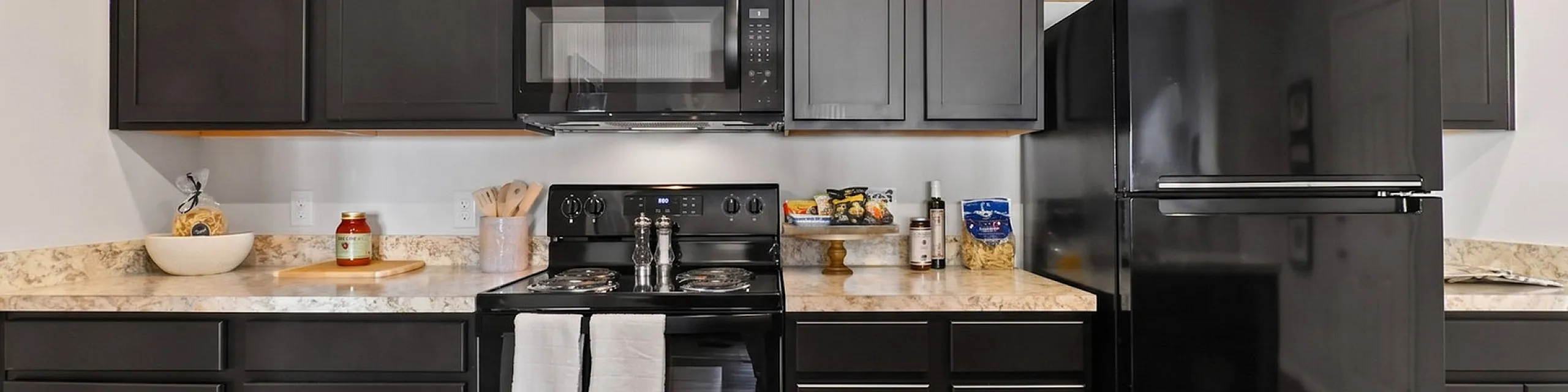 Elegant kitchen with sleek black cabinetry, modern appliances, and spacious marble countertops.