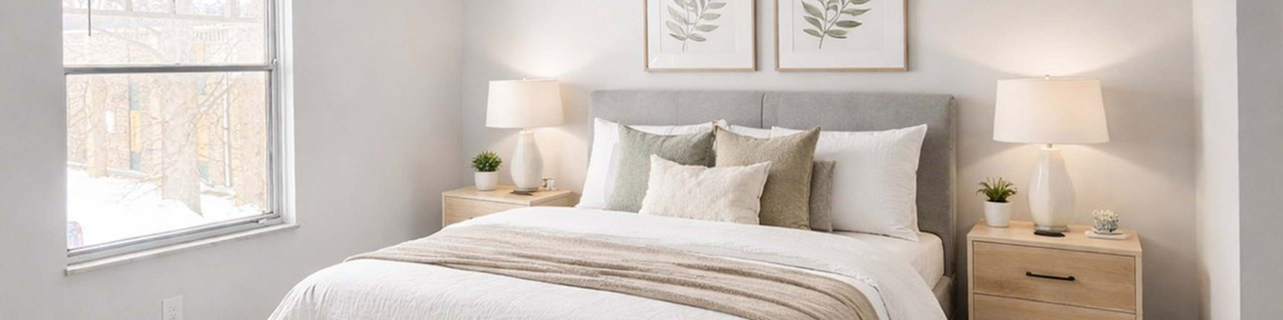 Elegant bedroom featuring a plush bed with neutral linens, framed botanical art, and natural light streaming through a large window.