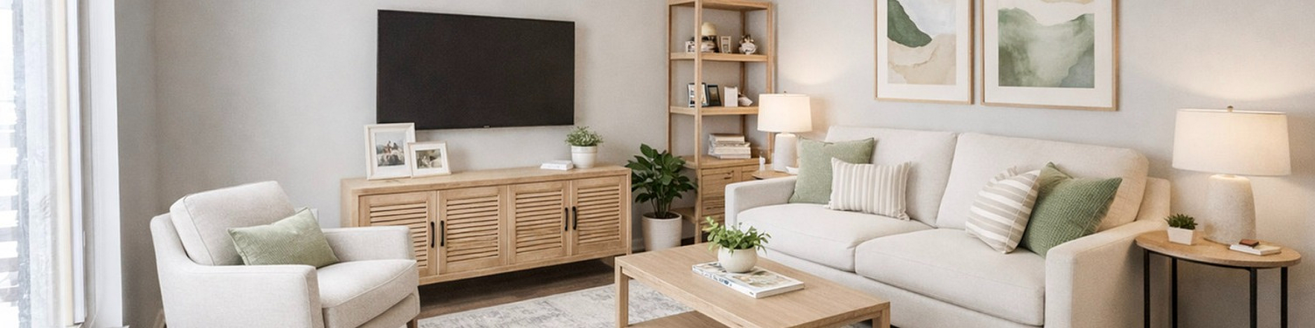Bright and welcoming living room with modern decor, featuring a cozy sofa, stylish armchair, and elegant wooden furniture.