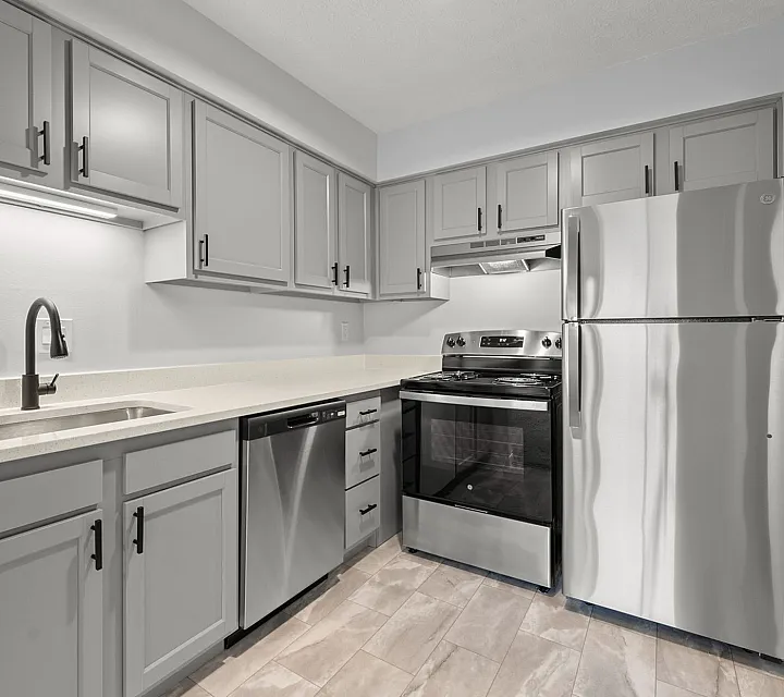 Modern kitchen with sleek stainless steel appliances, elegant cabinetry, and stylish tile flooring.