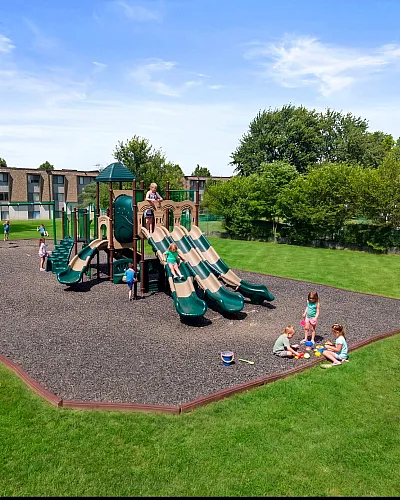 Inviting community playground with slides, swings, and vibrant greenery perfect for family recreation.