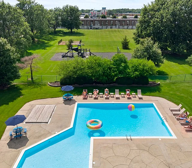 Inviting outdoor pool surrounded by lush greenery, sun loungers, and a playful atmosphere, perfect for relaxation and enjoyment.