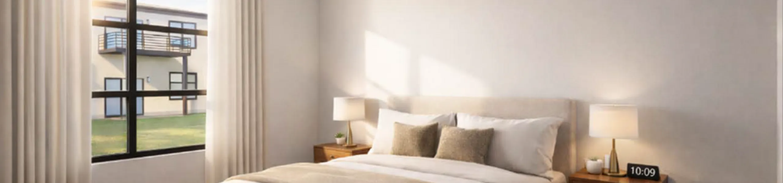 Bright, modern bedroom with elegant decor, cozy bedding, and a large window offering a pleasant outdoor view.