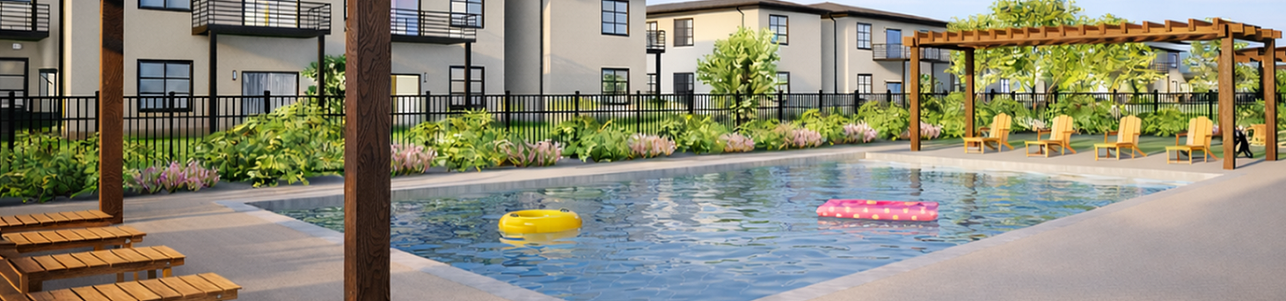 Inviting outdoor pool area with stylish wooden pergolas and vibrant inflatables, surrounded by modern apartment buildings.