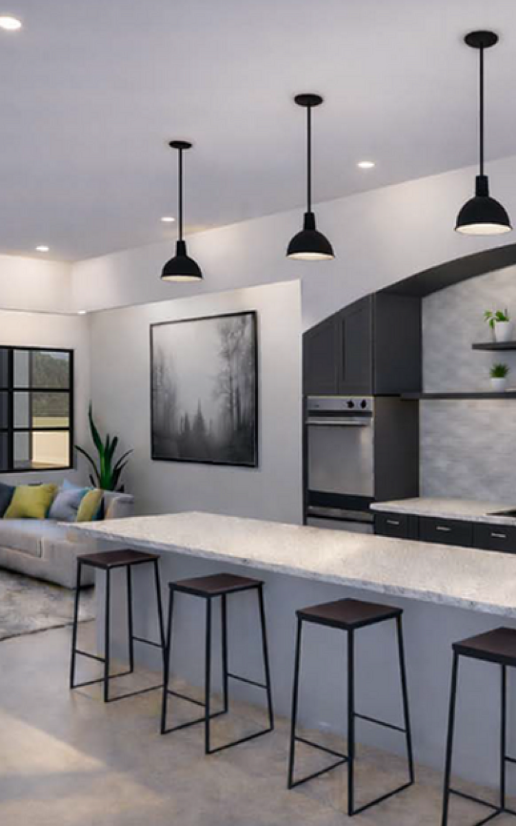 Modern open-concept living space featuring a sleek kitchen with pendant lighting, stylish bar seating, contemporary fireplace, and cozy lounge area.