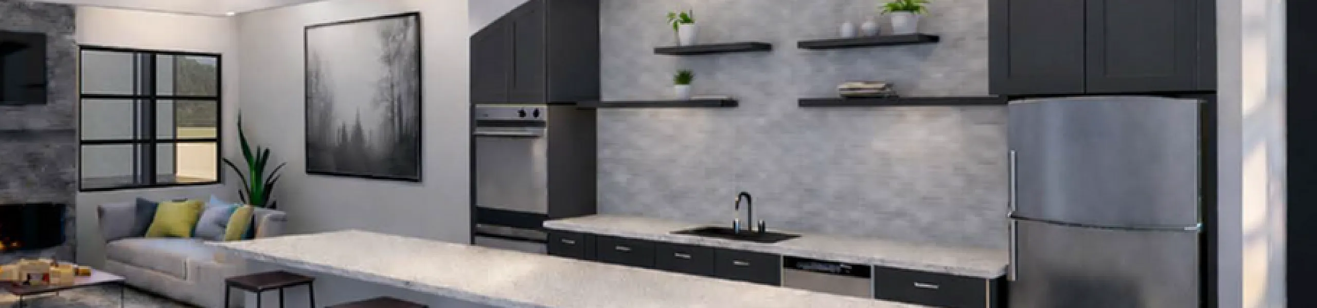 Modern open-concept kitchen and living area with sleek design, featuring a spacious island, stainless steel appliances, cozy fireplace, and stylish pendant lighting.