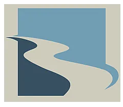 Elegant abstract logo featuring a stylized river flowing through geometric shapes in soothing blue and gray tones.