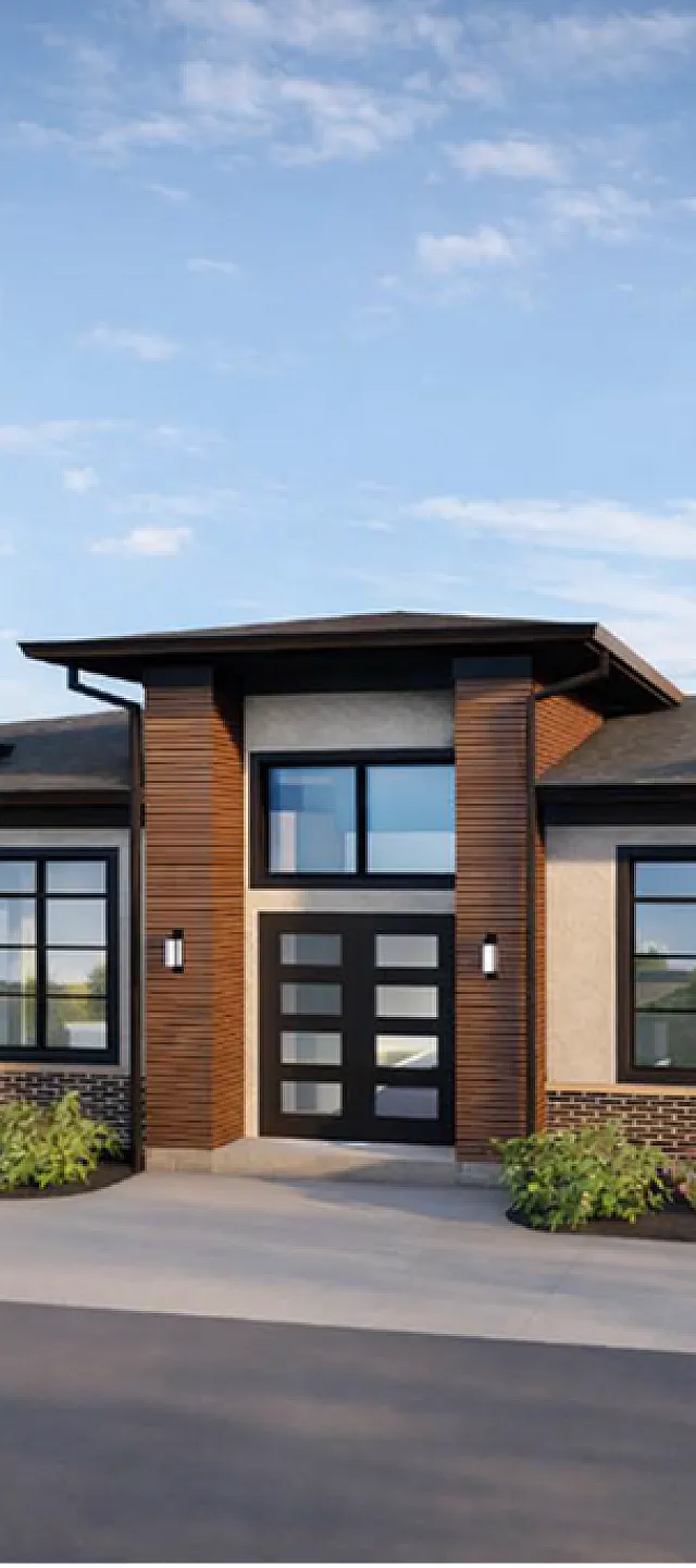 Contemporary single-story home with modern architecture, large windows, and a sleek fa&ccedil;ade surrounded by well-maintained landscaping under a bright sky.