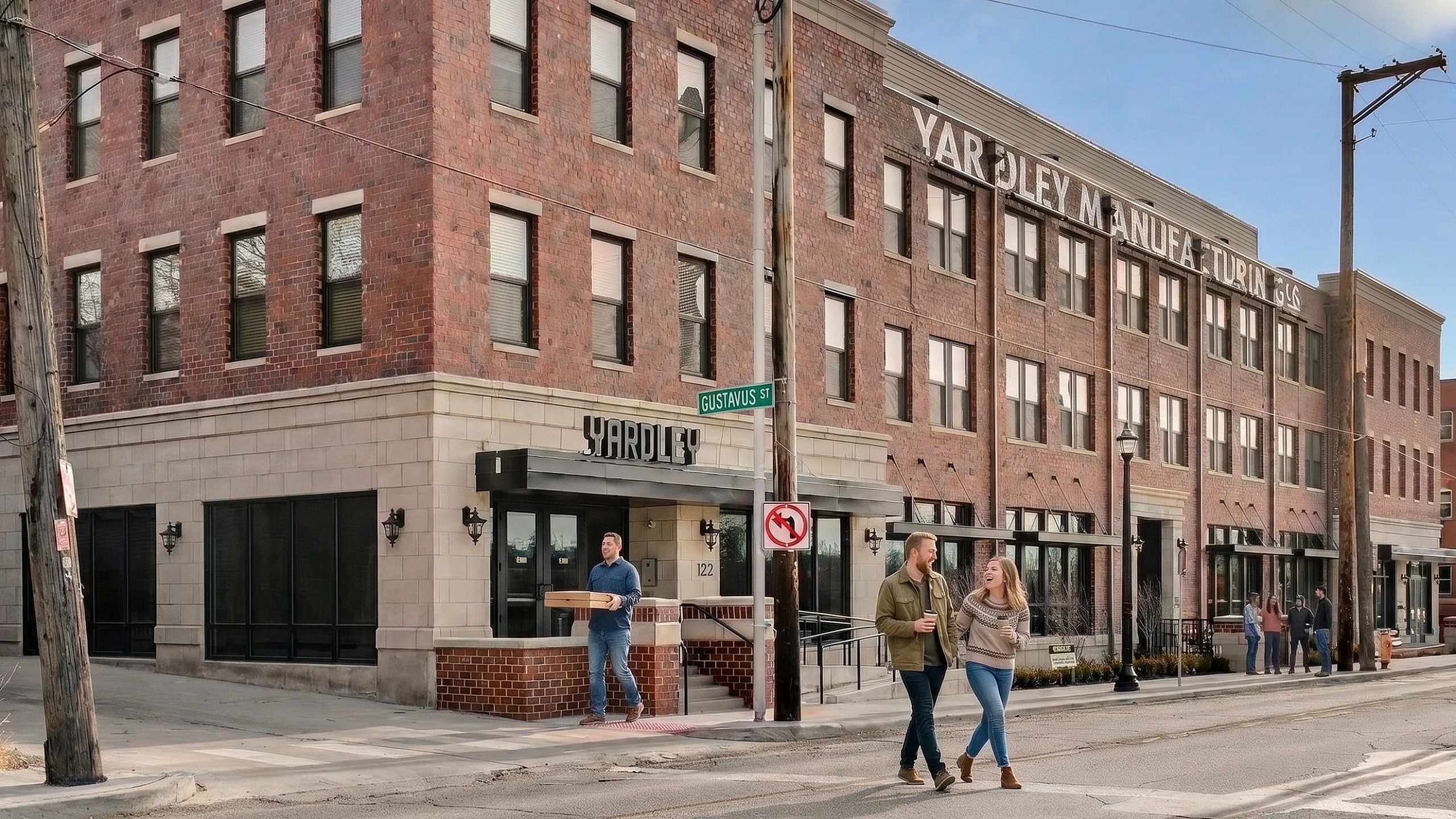 Charming urban brick building featuring modern amenities with nearby strolling pedestrians, highlighted under a blue sky.