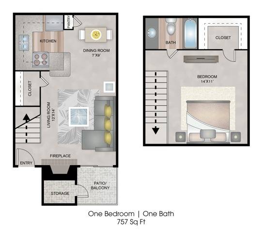 One Bedroom Townhome | 757 sqft | Patio | Fireplace | Walk-in Closet | Additional Storage Closet
