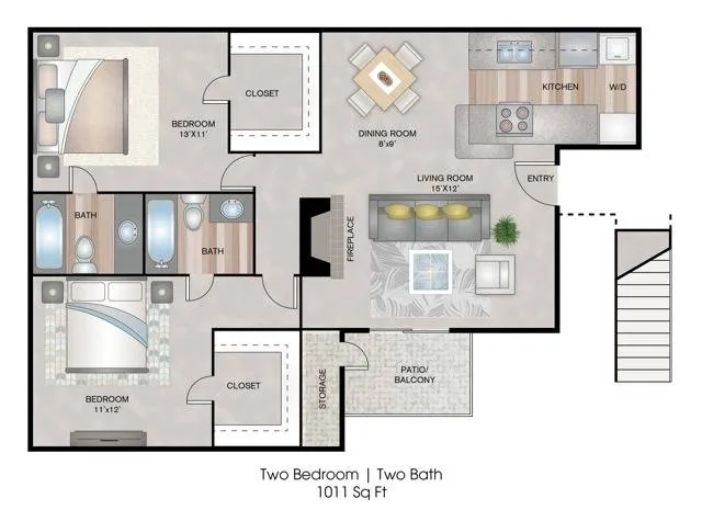 Two Bedrooms | Two Bathrooms | 1011 sqft | Patio/Balcony | Full-Size Washer/Dryer Connections | Fireplace | Two Walk-in Closets