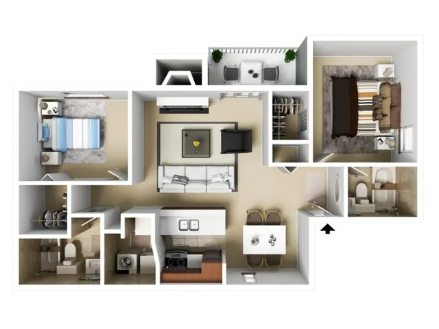 Two Bedrooms | Two Bathrooms | 960 sqft | Laundry Room with Full-Size Washer/Dryer | Kitchen opens to Living Area | Two Walk-in Closets | Patio/Balcony | Fireplace in Selected Units
