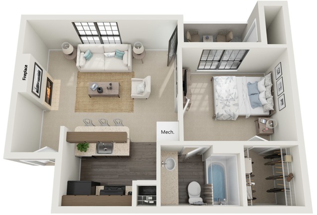 One Bedroom | 550 sqft | Patio/Balcony | Fireplace