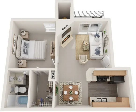 One Bedroom | 540 sqft | Full-Size Washer/Dryer | Patio/Balcony | Walk-in Closet | Fireplace in Selected Units | Vaulted Ceilings in Selected Units