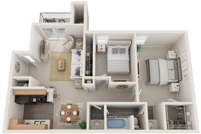 Two Bedrooms | One Bathroom | 800 sqft | Full-Size Washer/Dryer | Patio/Balcony | Walk-in Closet |Fireplace in Selected Units | Vaulted Ceilings in Selected Units