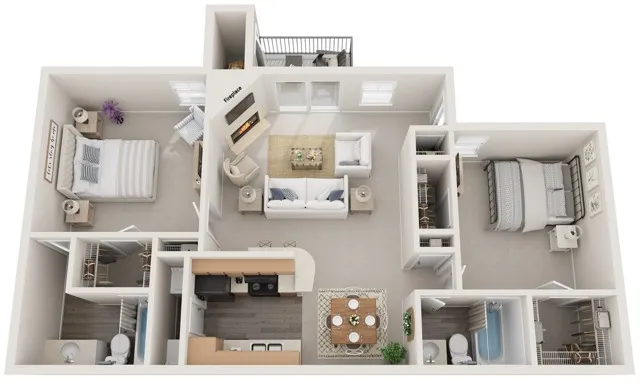 Two Bedrooms | Two Bathrooms | 920 sqft | Full-Size Washer/Dryer | Patio/Balcony | Two Walk-in Closets | Fireplace in Selected Units | Vaulted Ceilings in Selected Units
