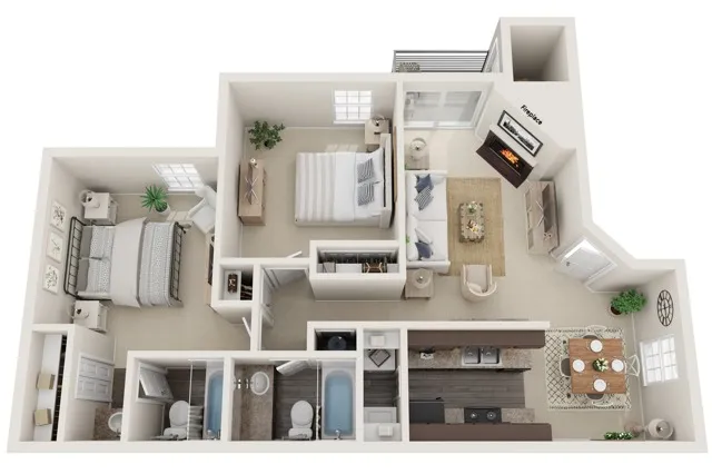 Two Bedrooms | Two Bathrooms | 960 sqft | Patio/Balcony | Fireplace | Full-Sized Washer/Dryer Connections