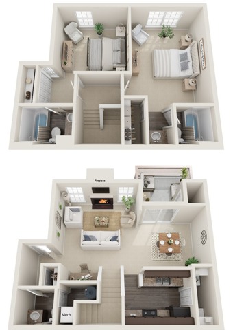 Two Bedrooms | Two and a Half Bathrooms | Townhome | 1075 sqft | Patio | Fireplace | Sunken Living Room | Vaulted Ceilings | Full-Sized Washer/Dryer Connection