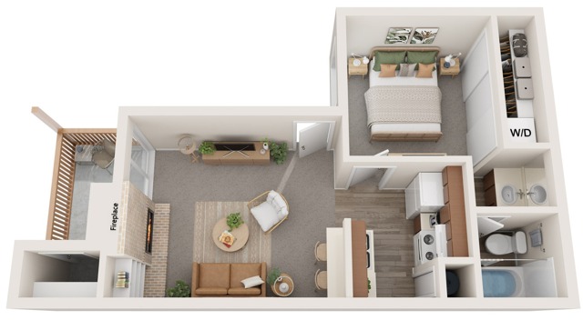 One Bedroom | One Bathroom | 471 sqft | Stackable Washer/Dryer included | Patio/Balcony w/Storage | Built-in Bookshelves | Fireplace in select units.