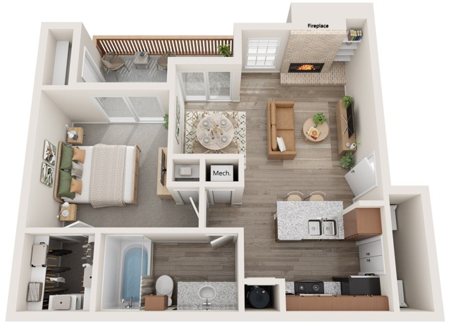 One Bedroom | One Bathroom | 667 sqft | Fully Renovated | Full-Size Washer/Dryer Connections | Patio/Balcony w/Storage | Walk-in Closet | Fireplace in select units | Vaulted Ceiling in select units