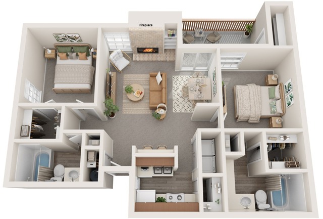 Two Bedrooms | Two Bathrooms | 956 sqft | Full-Size Washer/Dryer Connections | Patio/Balcony w/Storage | Walk-in Closets | Fireplace | Built-in Bookshelves