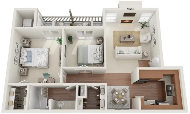 Two Bedrooms | One Bathroom | 823 sqft | Full-Size Washer/Dryer Connections | Fireplace | Plank Flooring | Patio/Balcony