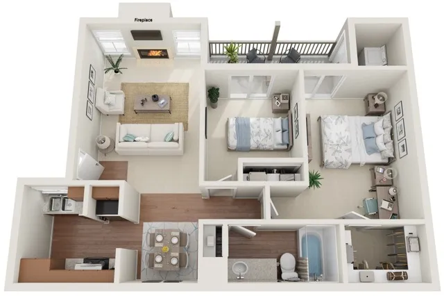 Two Bedrooms | One Bathroom | 872 sqft | Full-Size Washer/Dryer Connections | Fireplace | Plank Flooring in Selected Units | Patio/Balcony | Built-in Bookshelves