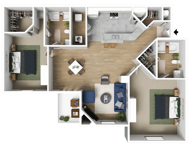 Two Bedrooms | Two Bathrooms | 1077 sqft | Full-Size Washer/Dryer | Two Oversized Closets | Patio/Balcony or Solarium