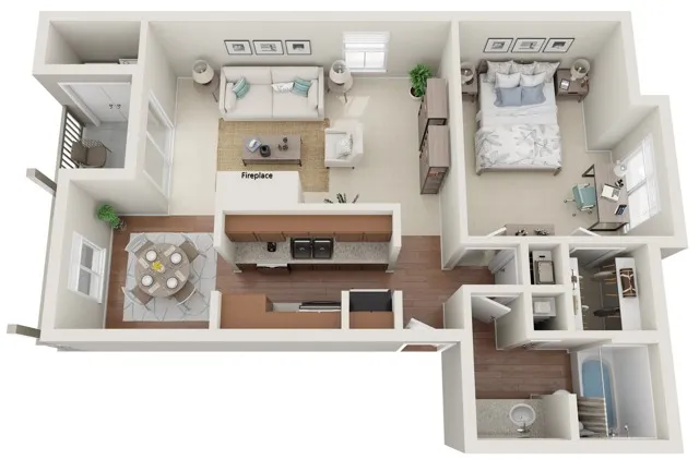 One Bedroom | 817 sqft | Full-Size Washer/Dryer Connections | Fireplace | Plank Flooring | Built-in Book Shelves | Patio/Balcony | Walk-in Closet