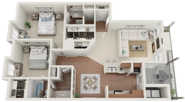 Two Bedrooms | Two Bathrooms | 1105 sqft | Full-Size Washer/Dryer Connections | Fireplace | Plank Flooring in Selected Units | Patio/Balcony