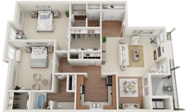 Two Bedrooms | Two Bathrooms | 1169 sqft | Full-Size Washer/Dryer Connections | Fireplace | Plank Flooring in Selected Units | Patio/Balcony