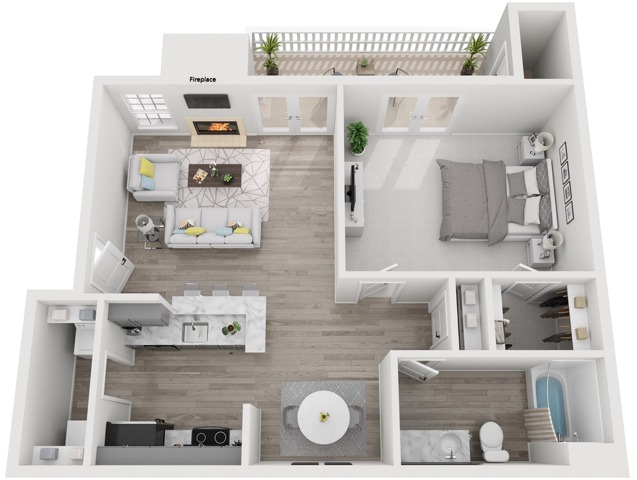 One Bedroom | 598 sqft | Full Size Washer/Dryer | Patio/Balcony | Fireplace | Additional Storage