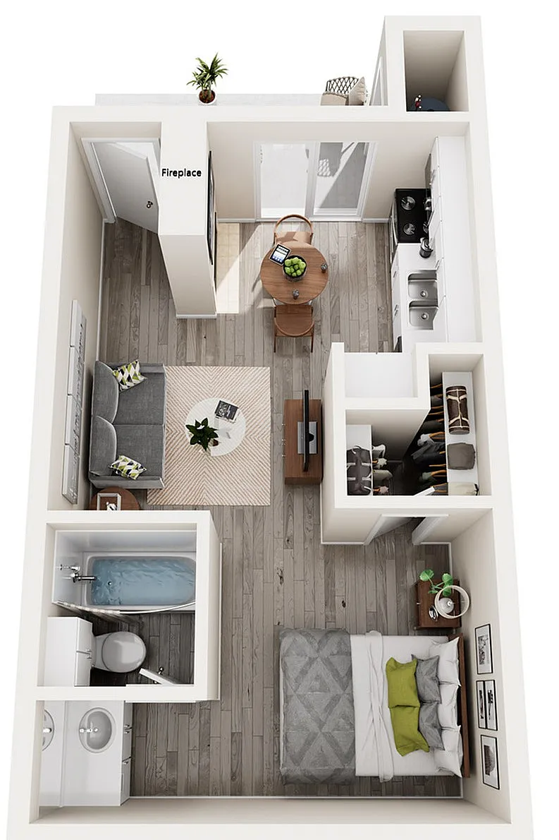 Aspen | Efficiency | 400 sqft | Walk-in Closet | Private Sleeping Area | Outside Storage | Full Size Kitchen Appliances | Pantry |Patio/Balcony.