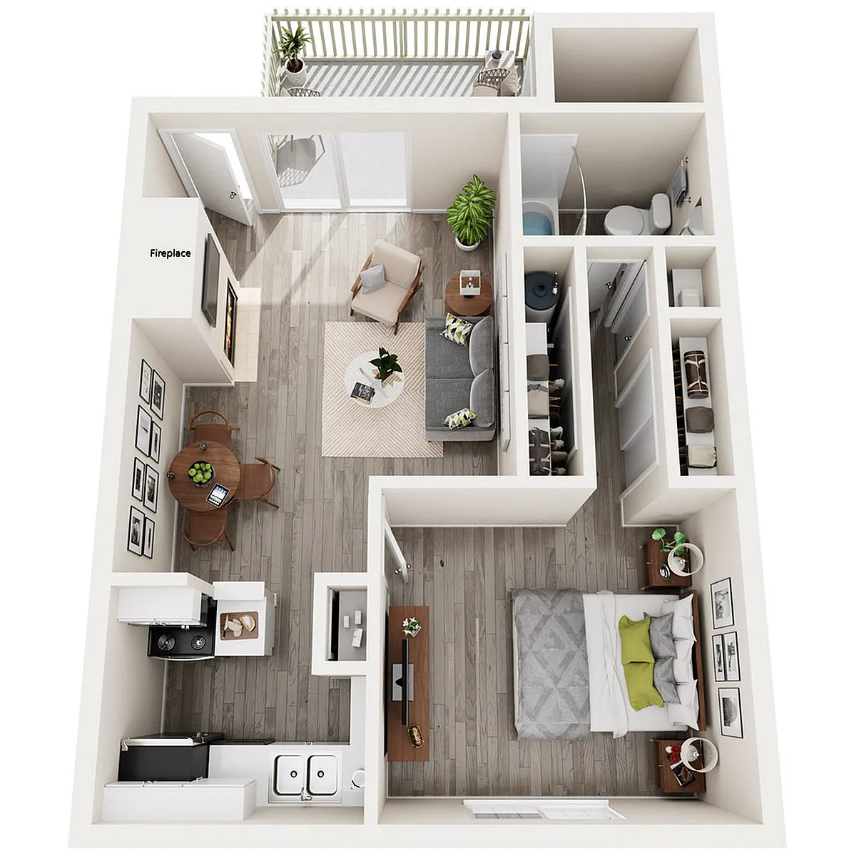 Birch | One Bedroom | 578 sqft | Pantry in Kitchen | Patio/Balcony | Outside Storage | Fireplace in Select Homes | Vaulted Ceilings in Select Homes | and Creek Views in Select Homes.