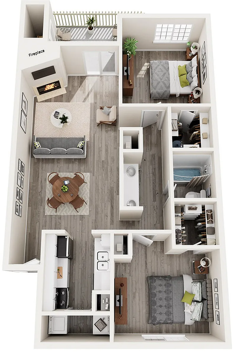 Cedar | Two Bedrooms | One Bathroom | 900sqft. |  Full Size Washer/Dryer Connections | 2 Walk-in Closets | Pantry in Kitchen | Double Sink Vanity in Bathroom | Patio/Balcony | Outside Storage | Microwave in Select Homes | Vaulted Ceilings in Select Homes | and Fireplace in Select Homes.