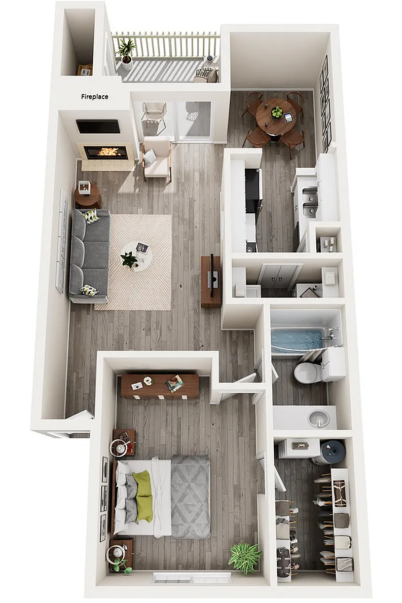 Elm | One Bedroom | One Bathroom | 660 sqft | Full Size Washer/Dryer Connections | Walk-in Closet | Pantry in Kitchen | Patio/Balcony | Outside Storage | Microwave in Select Homes | Fireplace in Select Homes | Vaulted Ceilings in Select Homes | and Creek Views in Select Homes.