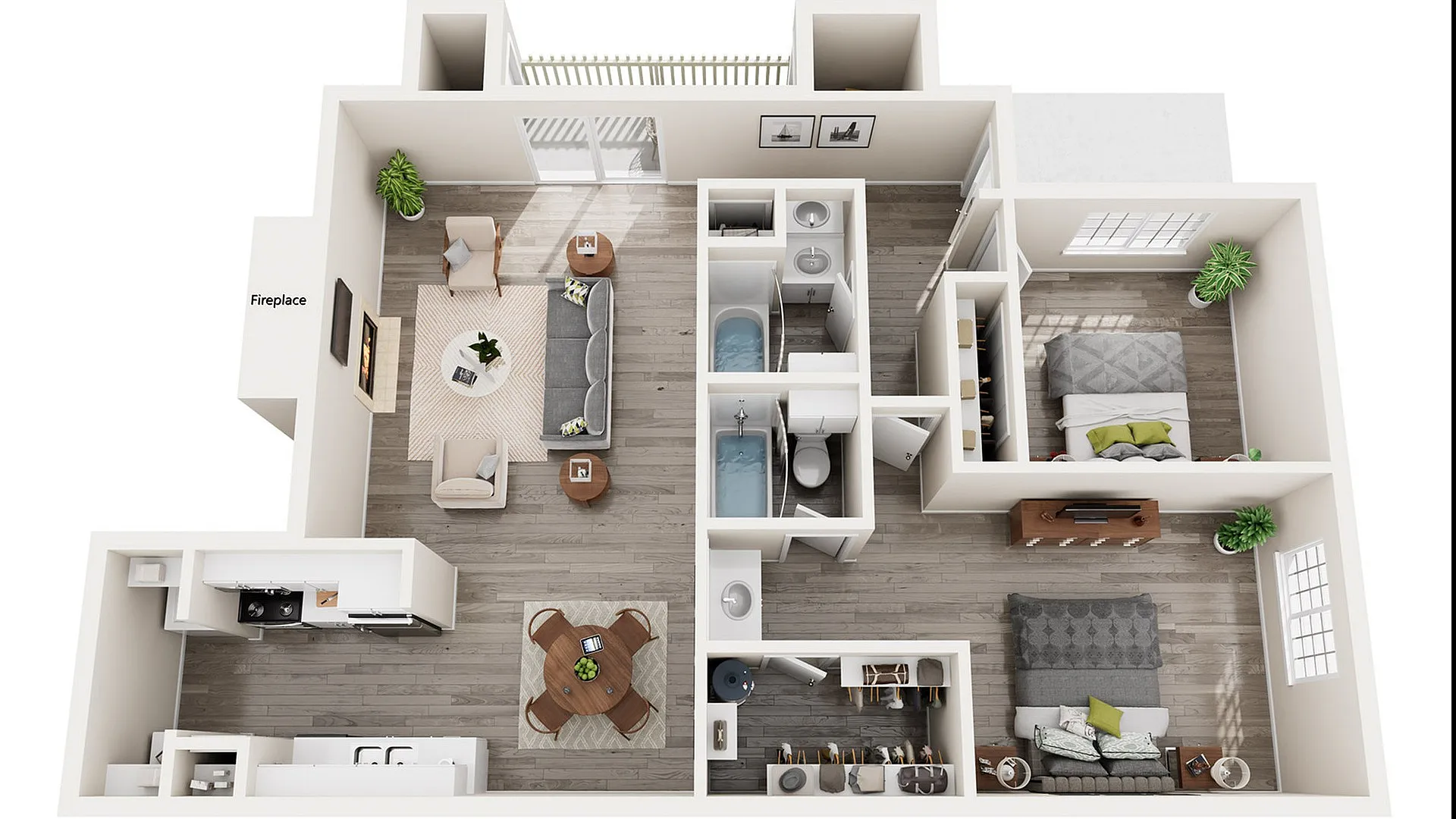 Dogwood  | Two Bedrooms | Two Full Bathrooms | 1000 sqft. | Roommate Floor Plan | Full Size Washer/Dryer Connections | 2 Walk-in Closets | Pantry in Kitchen | Patio/Balcony | Outside Storage | Microwave in Select Homes | Vaulted Ceilings in Select Homes | and Fireplace in Select Homes.