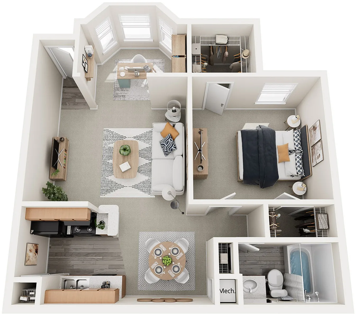 One Bedroom, One Bathroom with Morning Room, 711 sqft.