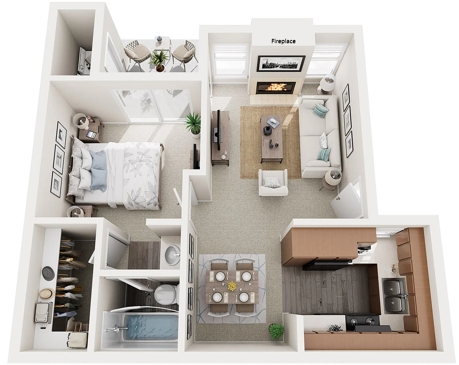 Inviting 3D floor plan featuring a cozy 1-bedroom apartment with an open living area, and charming balcony.