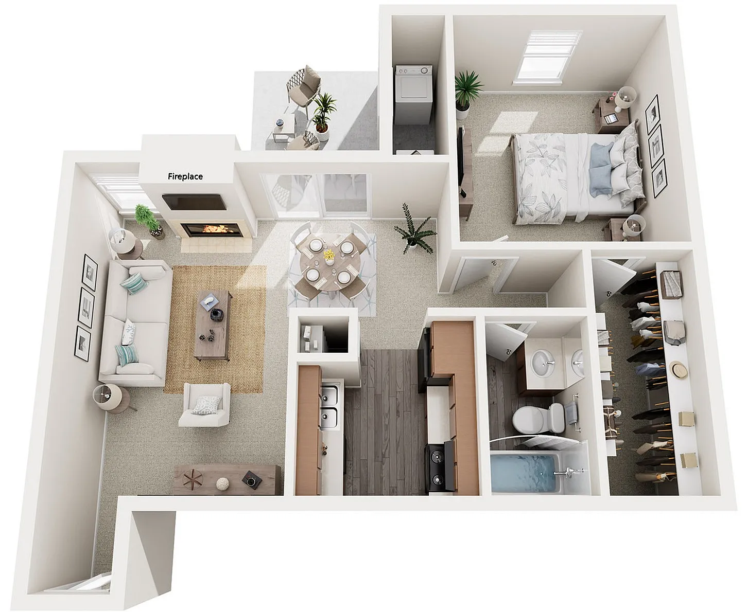 Inviting 3D floor plan showcasing a cozy living area with fireplace, a stylish dining space, kitchen, spacious bedroom, and convenient bathroom.