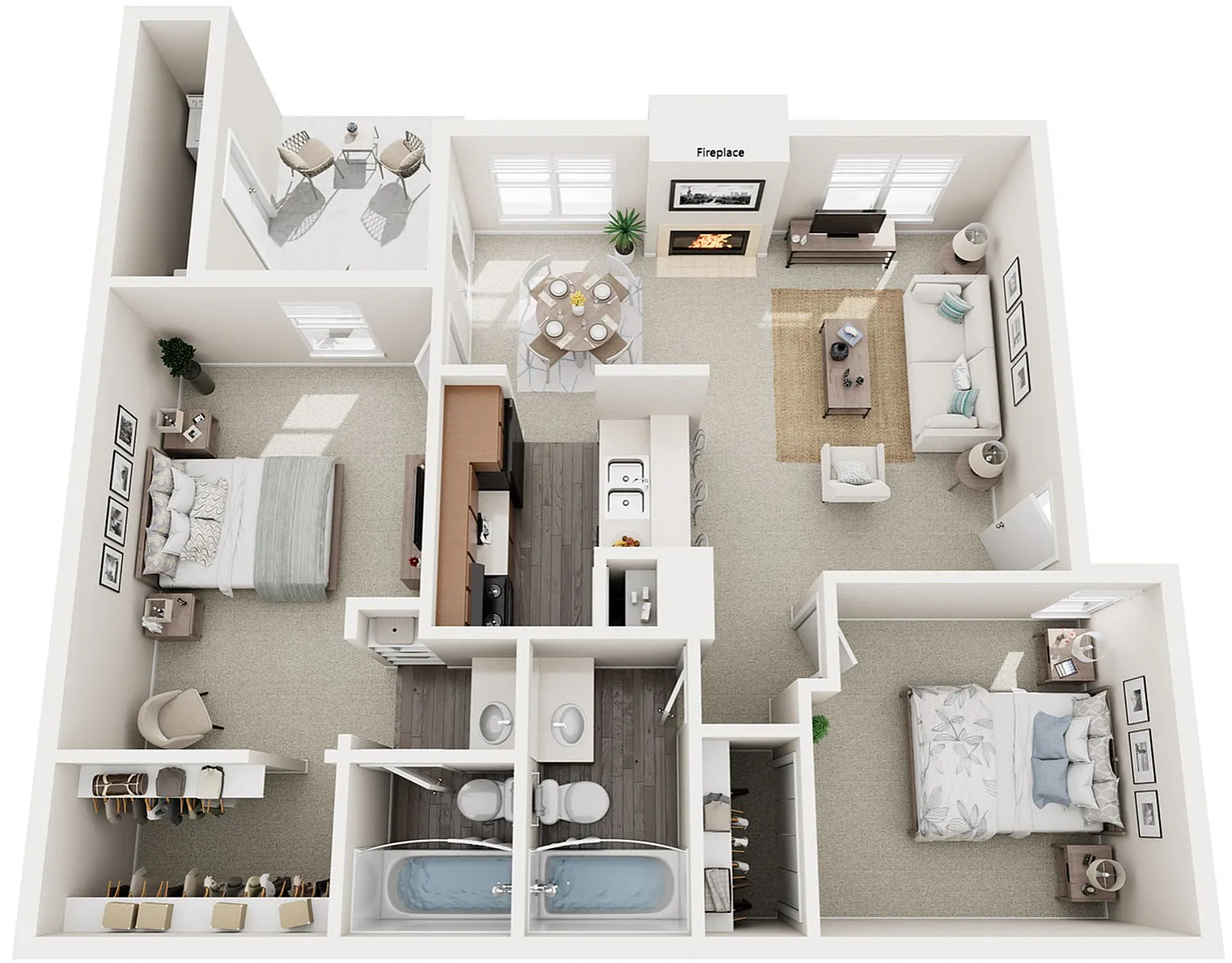 3D floor plan showcasing two spacious bedrooms, a cozy living room with fireplace, and a kitchen, including a private patio or balcony space.