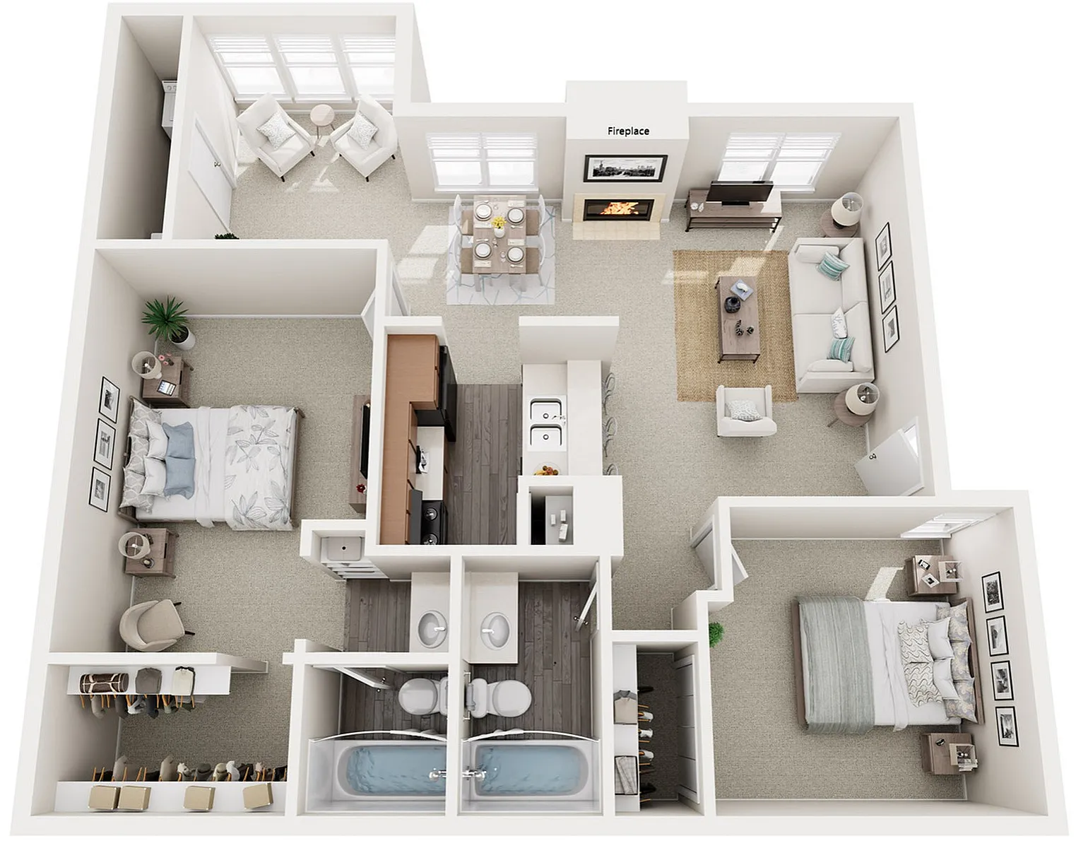 3D floor plan featuring two cozy bedrooms, living room with fireplace, kitchen with dining area, and well-appointed bathroom.