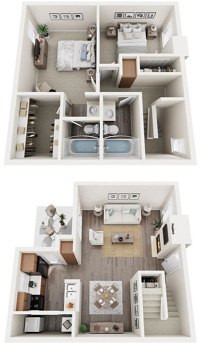 Townhome floor plan showcasing 2 bedroom with walk-in closet, modern kitchen, cozy living area, and elegant dining space.