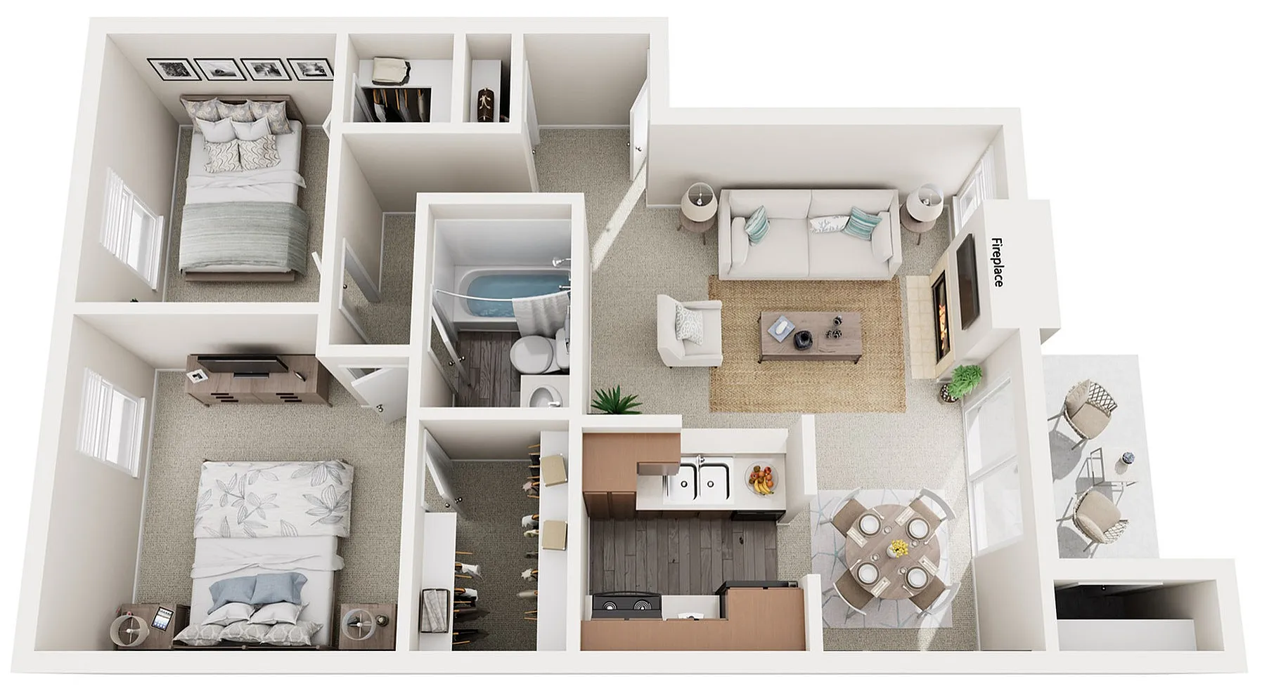 Charming 3D floor plan showcasing 2 cozy bedrooms, inviting living room with fireplace, kitchen, and dining area.